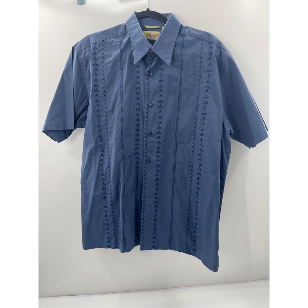 Cubavera Mens Blue Cotton Embroidered Short Sleeve Button Down Shirt‎ Large